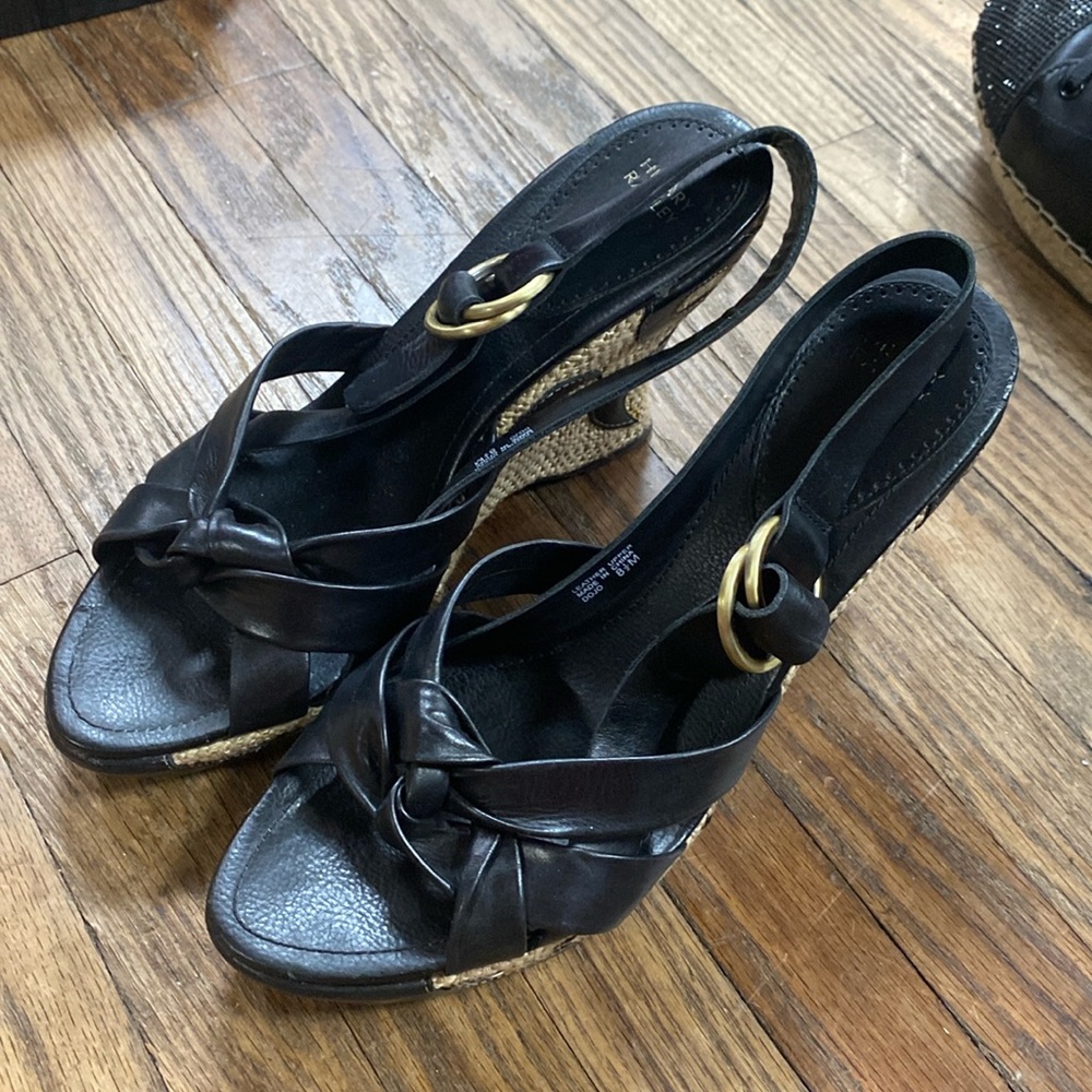 Black strapped Hillary Radley straw embellished heel golden buckle on side 8 1/2